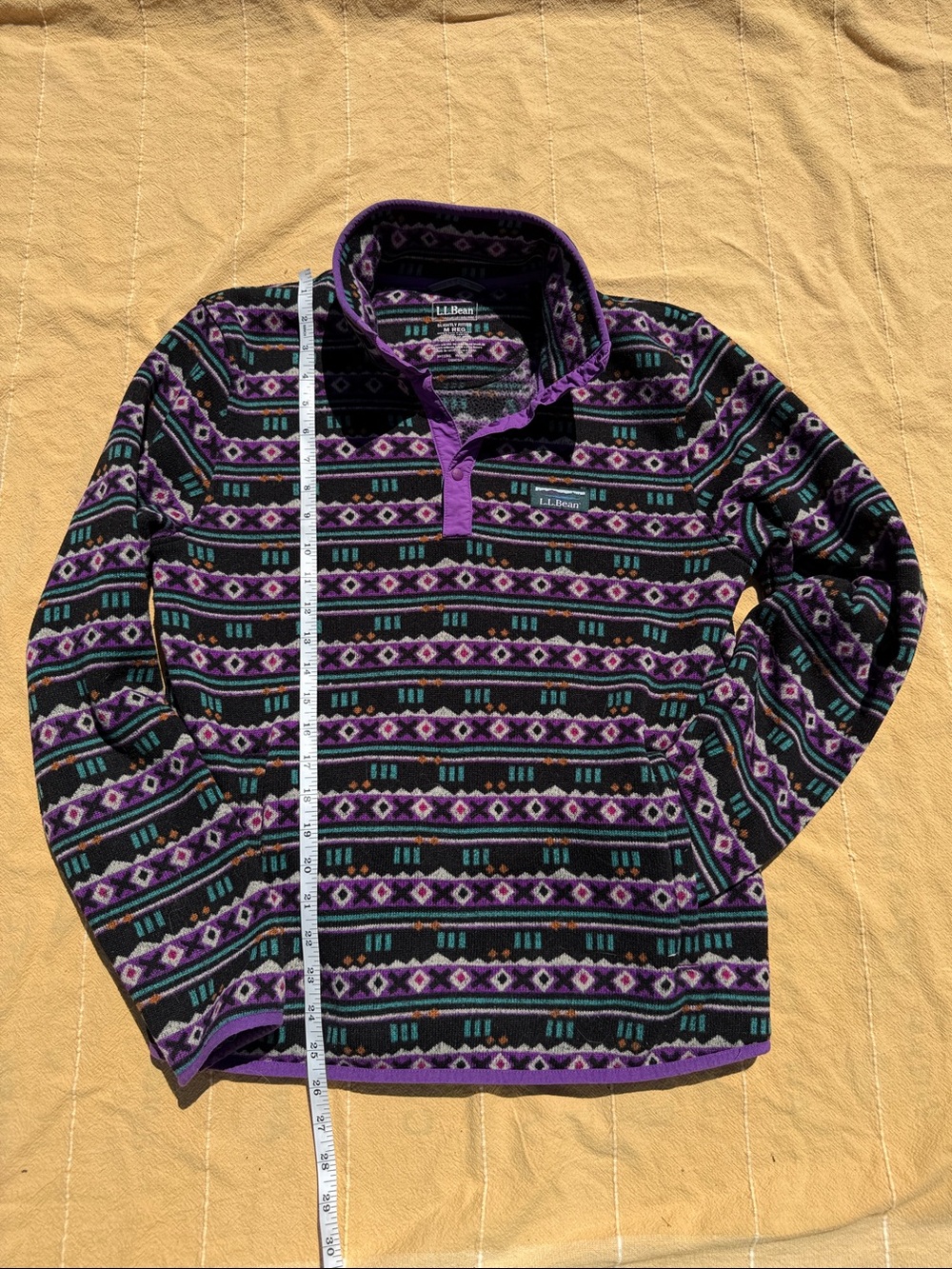 L.L. Bean Purple, Black & Teal Patterned Fleece Snap Pullover